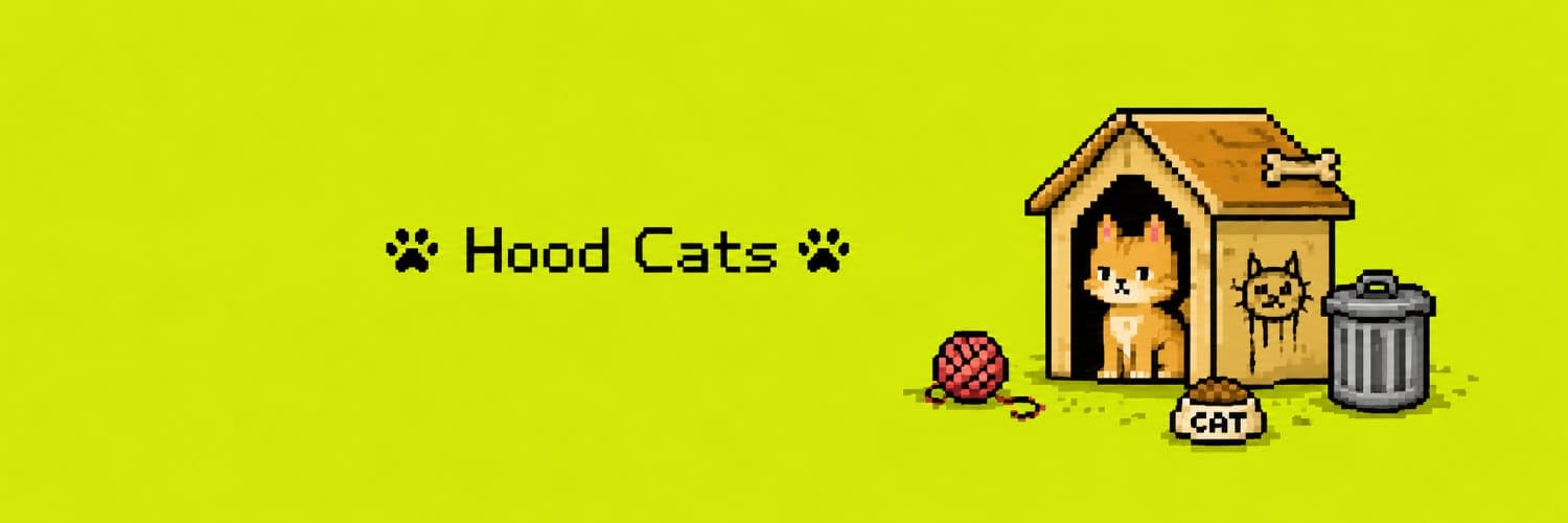 Hood Cats banner — pixel cat in a cardboard house next to a trash can and ball of yarn